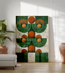 Abstract geometric wall art print with a repeating pattern of green semicircles and orange circles on a white background. - Image 3