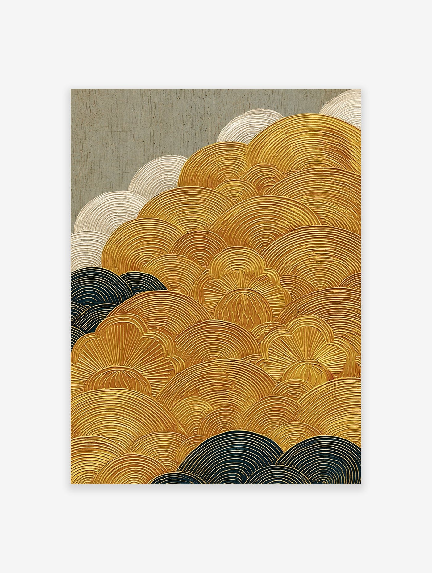 Abstract wall art painting with gold, white, and dark blue textured wave patterns on a grey background