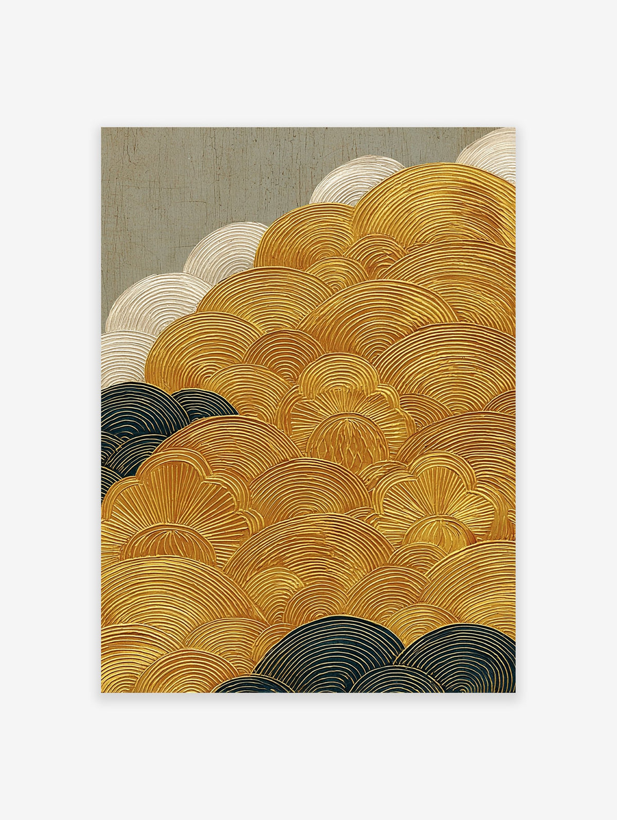 Abstract wall art painting with gold, white, and dark blue textured wave patterns on a grey background