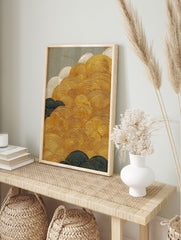 Abstract wall art painting with gold, white, and dark blue textured wave patterns on a grey background - Image 3