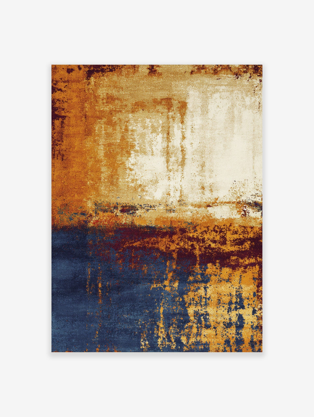 Abstract wall art with golden orange, deep blue, and cream distressed textures in a vertical composition