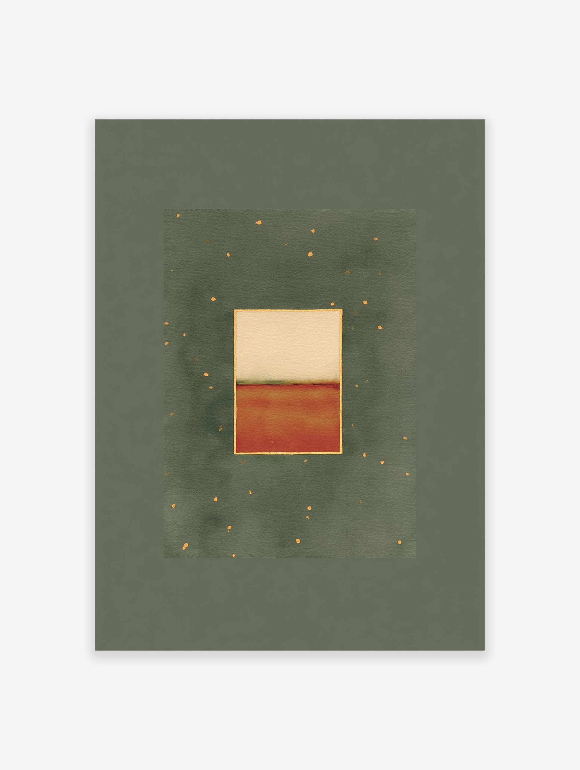 Abstract wall art print with a green background, a central rectangle divided into beige and burnt orange, framed in gold.