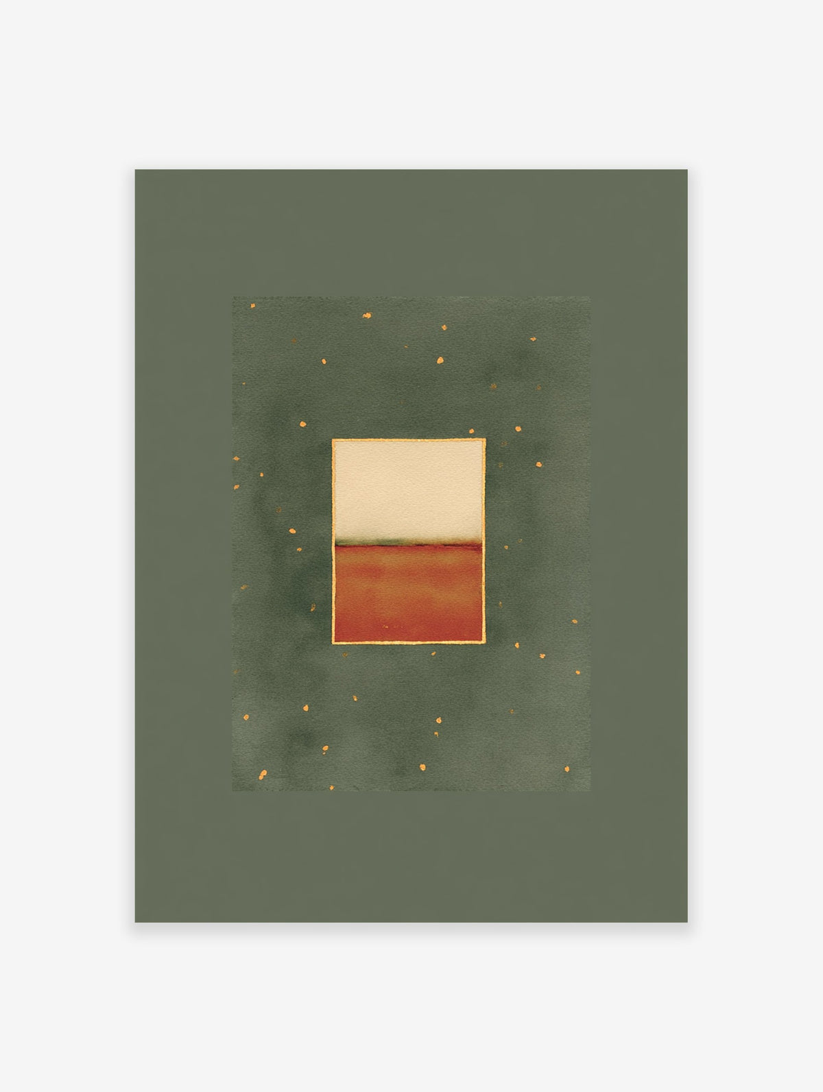 Abstract wall art print with a green background, a central rectangle divided into beige and burnt orange, framed in gold.