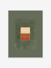 Abstract wall art print with a green background, a central rectangle divided into beige and burnt orange, framed in gold.