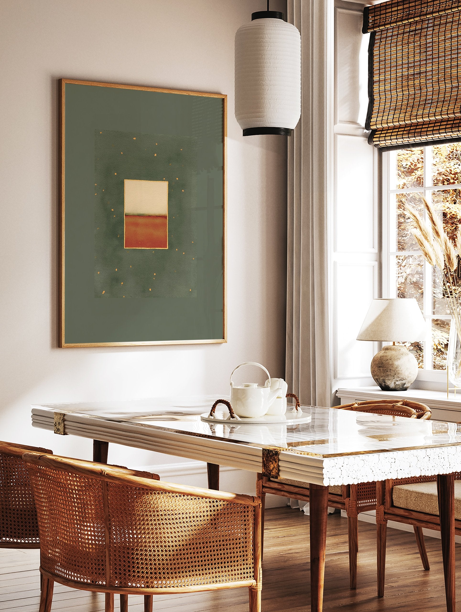 Abstract wall art print with a green background, a central rectangle divided into beige and burnt orange, framed in gold. - Image 2