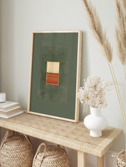 Abstract wall art print with a green background, a central rectangle divided into beige and burnt orange, framed in gold. - Image 3