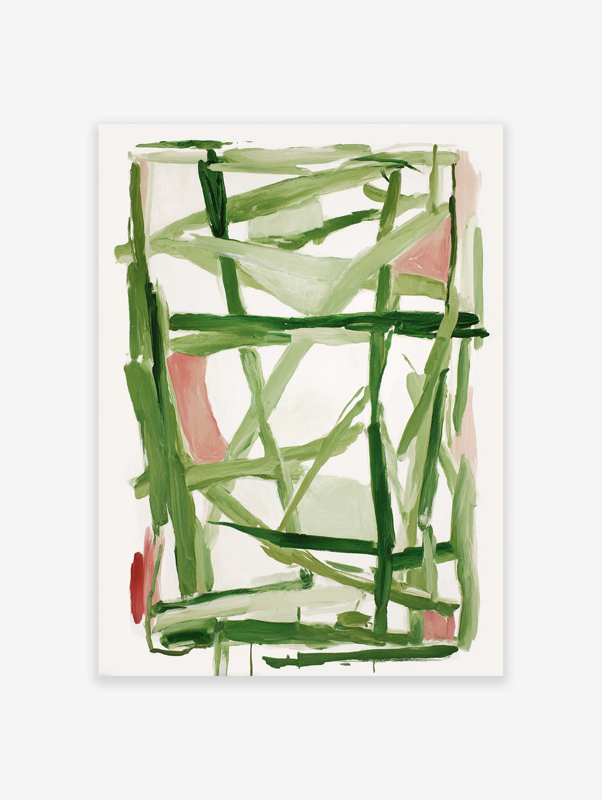 Abstract wall art painting with dynamic green and pink brushstrokes on a white background