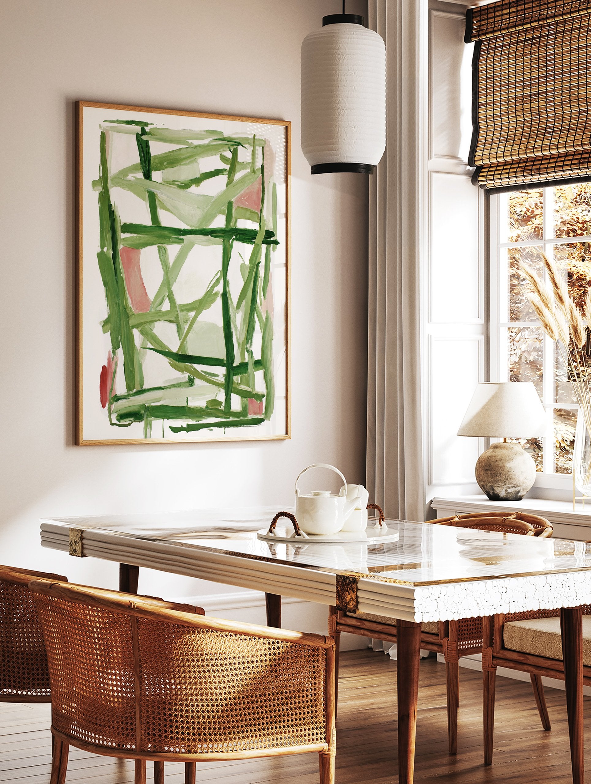 Abstract wall art painting with dynamic green and pink brushstrokes on a white background - Image 2