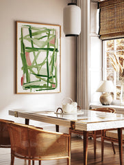 Abstract wall art painting with dynamic green and pink brushstrokes on a white background - Image 2