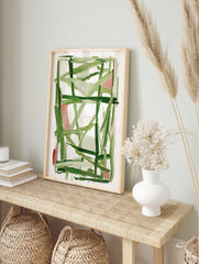 Abstract wall art painting with dynamic green and pink brushstrokes on a white background - Image 3