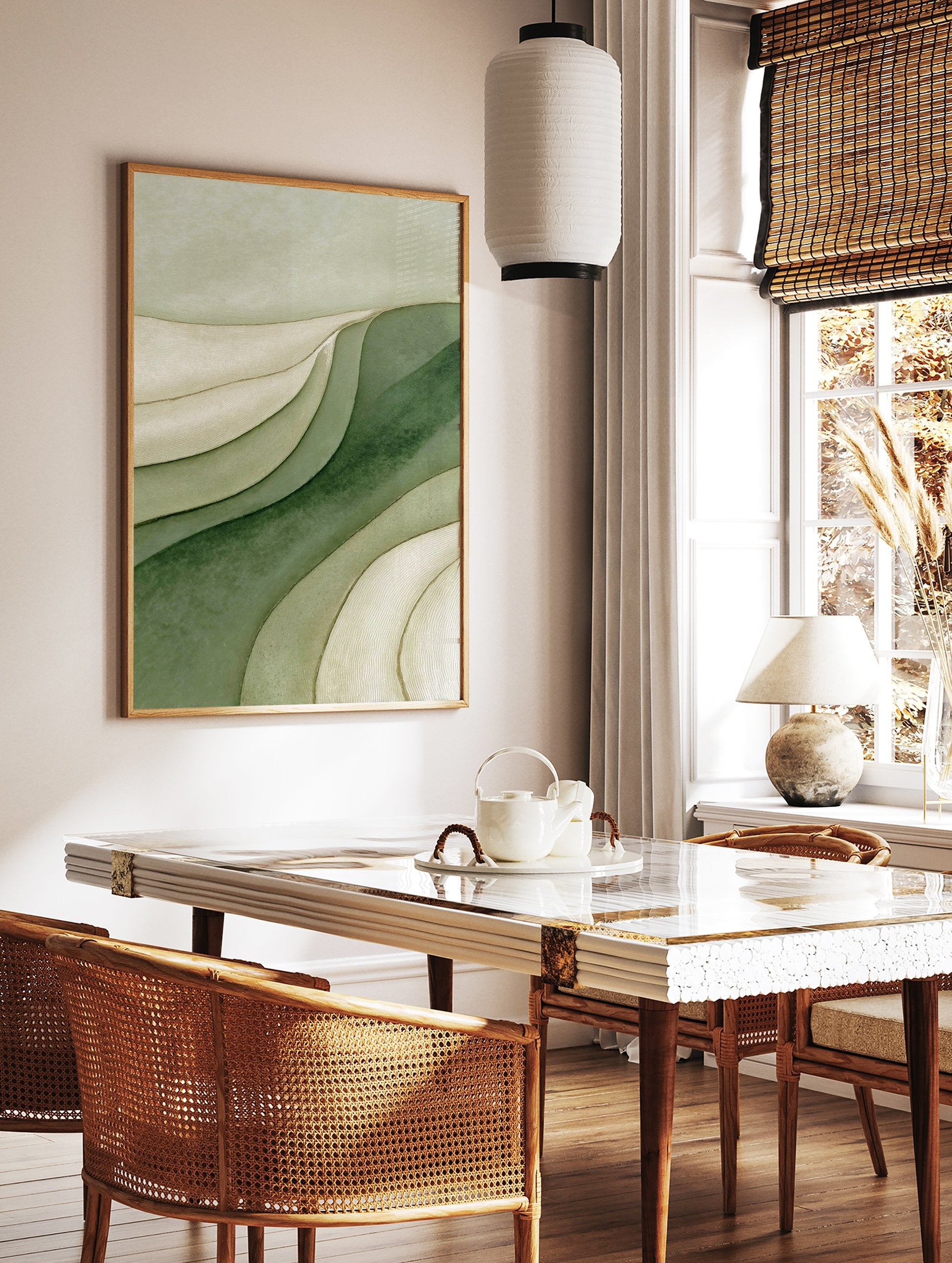 Abstract green layered texture wall art print with wavy shapes in shades of green and beige. - Image 2