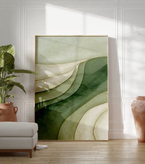 Abstract green layered texture wall art print with wavy shapes in shades of green and beige. - Image 3