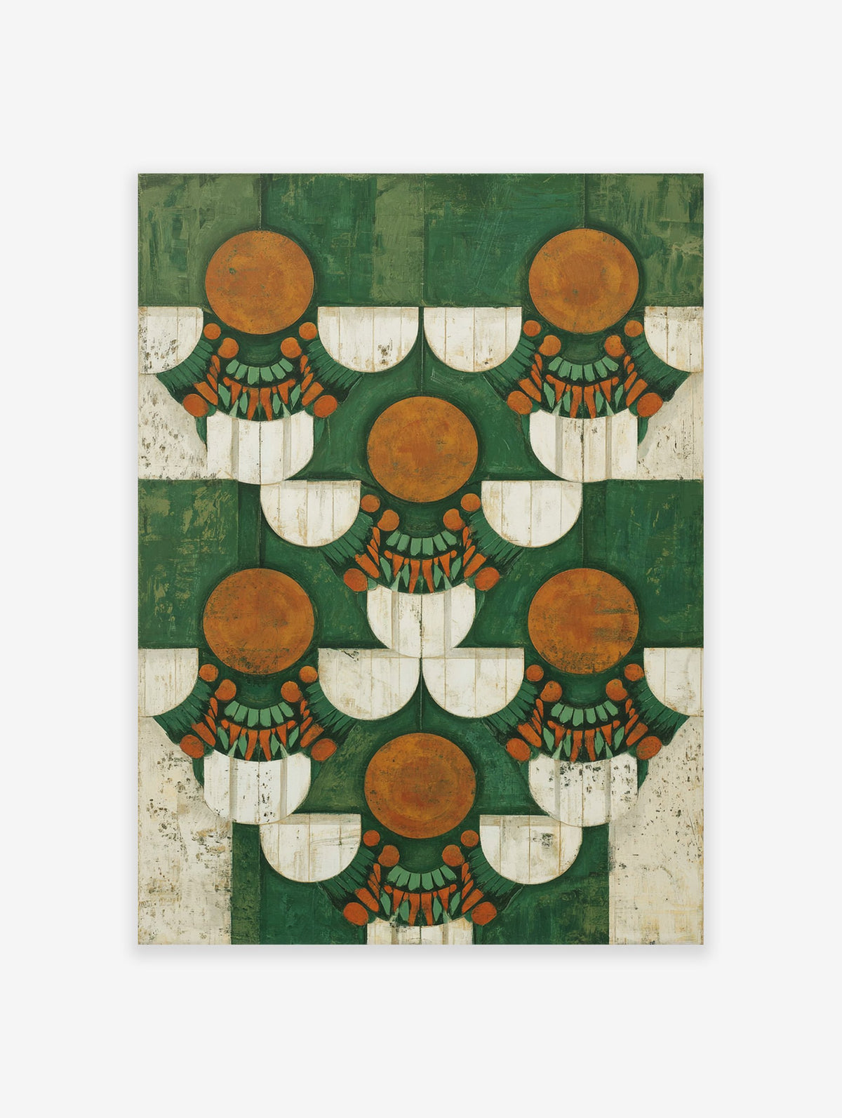 Abstract wall art print with green, orange, and white geometric pattern featuring circles and fan shapes.