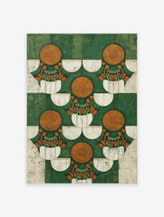 Abstract wall art print with green, orange, and white geometric pattern featuring circles and fan shapes.