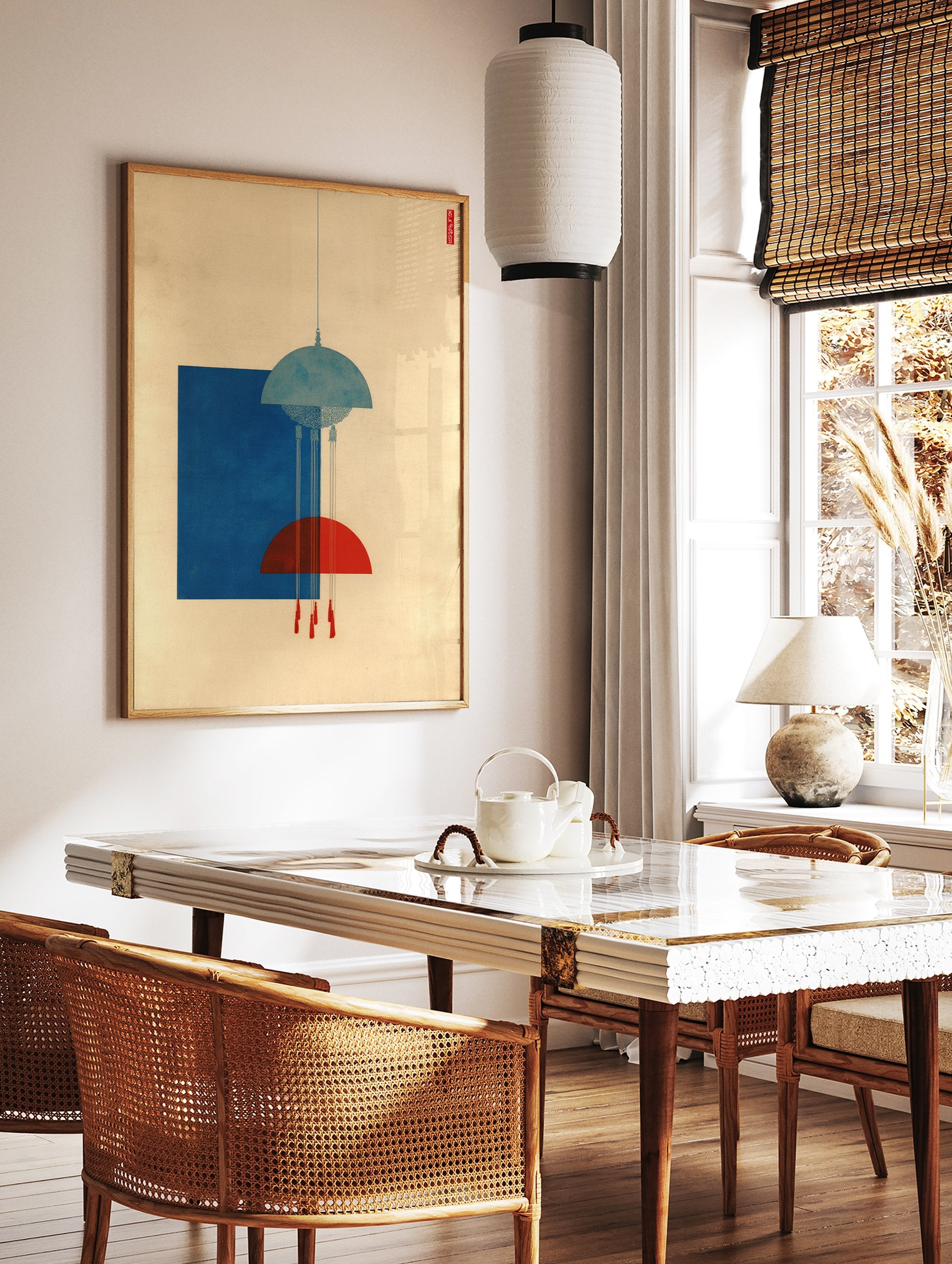Abstract wall art featuring blue and red geometric shapes, a hanging lamp-like form with tassels, and a blue rectangle. - Image 3