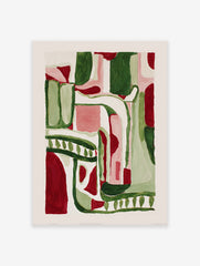 Abstract wall art painting with green, red, pink, and white organic shapes.