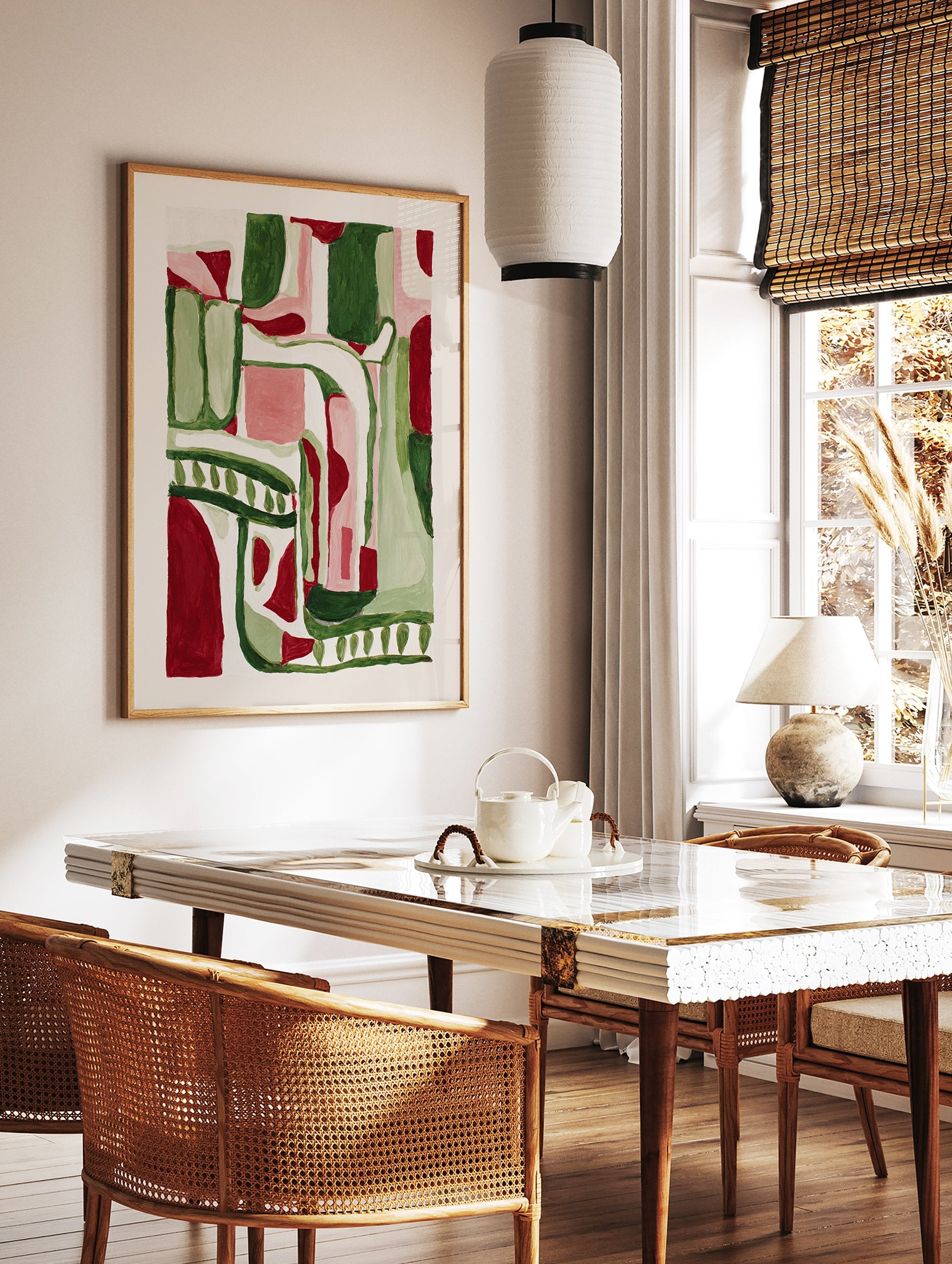 Abstract wall art painting with green, red, pink, and white organic shapes. - Image 2