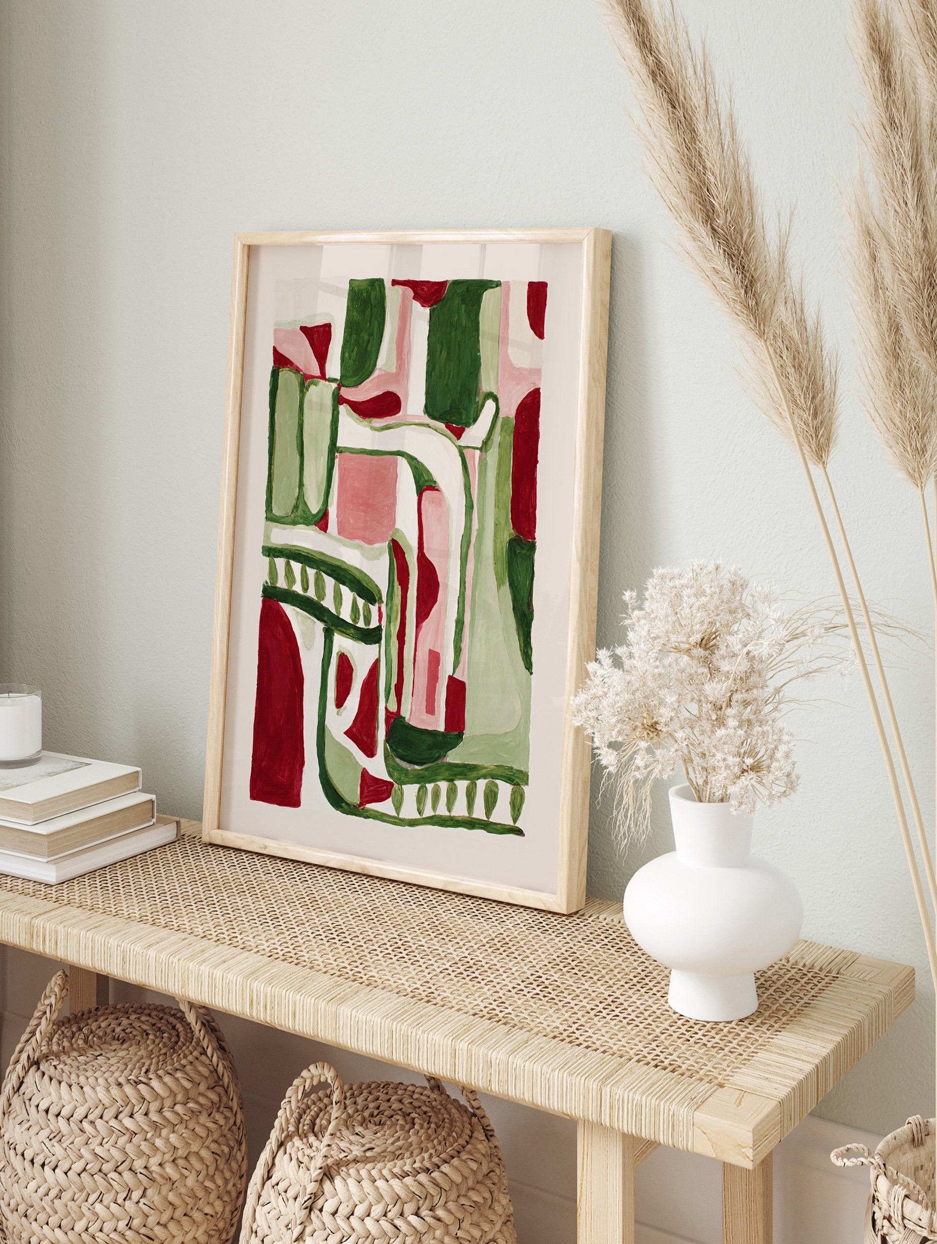 Abstract wall art painting with green, red, pink, and white organic shapes. - Image 3