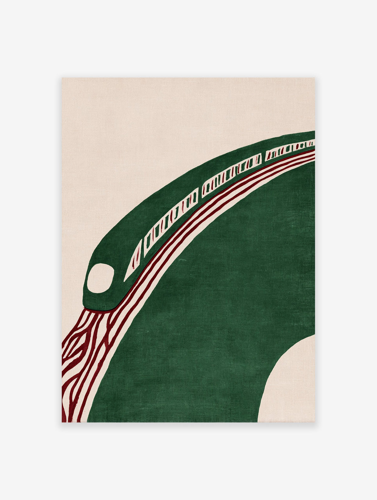 Modern abstract wall art featuring a green stylized train on a curved track with red lines on a beige background