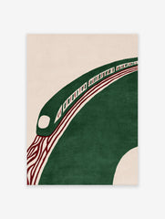 Modern abstract wall art featuring a green stylized train on a curved track with red lines on a beige background