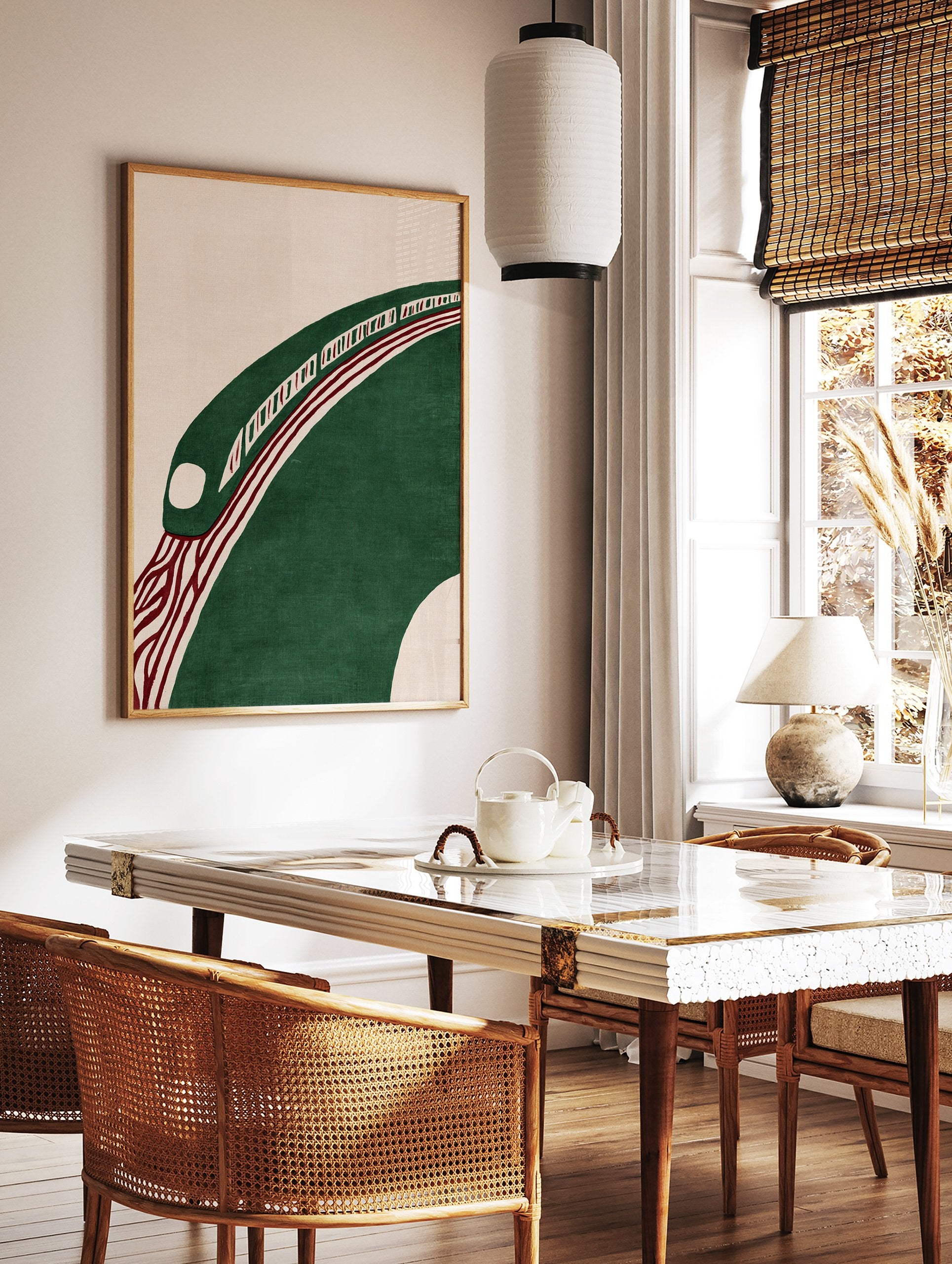 Modern abstract wall art featuring a green stylized train on a curved track with red lines on a beige background - Image 2