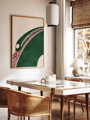 Modern abstract wall art featuring a green stylized train on a curved track with red lines on a beige background - Image 2