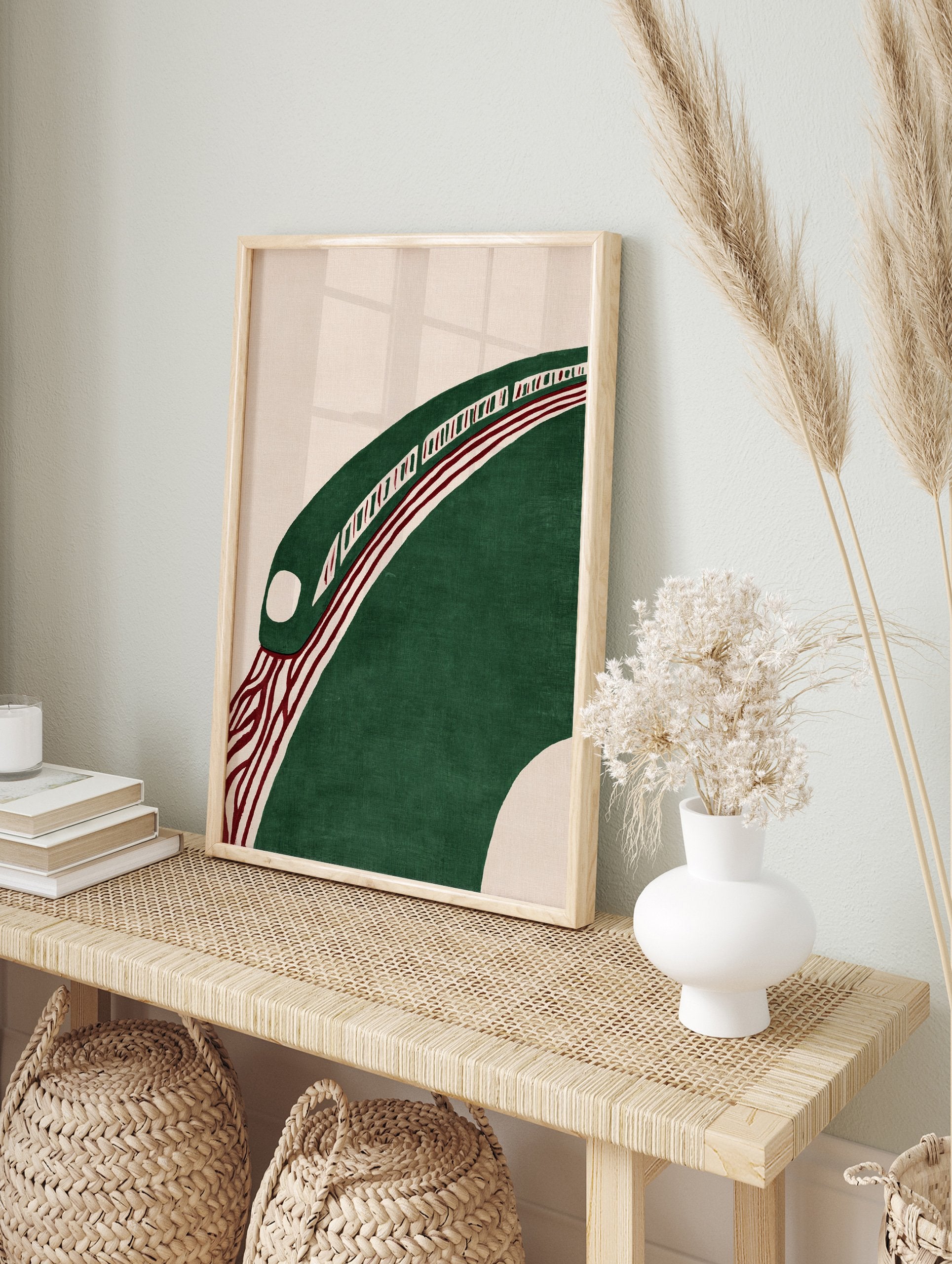 Modern abstract wall art featuring a green stylized train on a curved track with red lines on a beige background - Image 3
