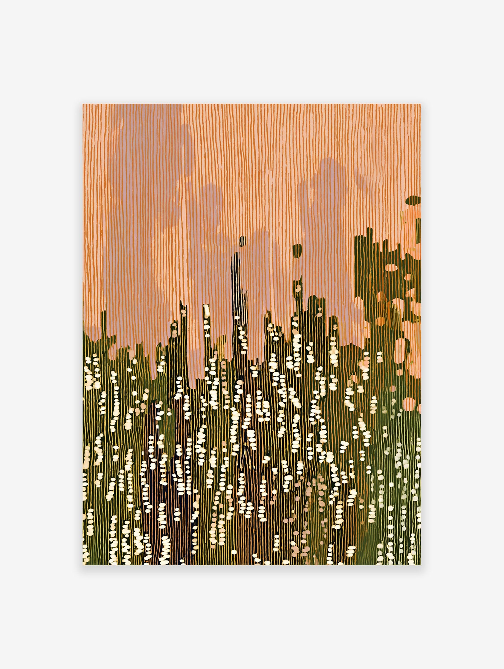 Abstract wall art with vertical orange and green lines, suggesting a modern cityscape or landscape with white dappled light.