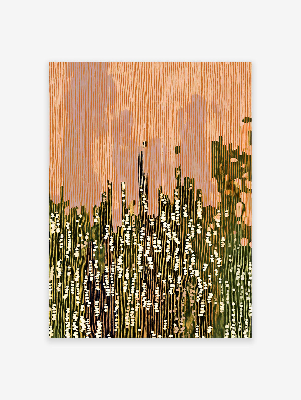 Abstract wall art with vertical orange and green lines, suggesting a modern cityscape or landscape with white dappled light.