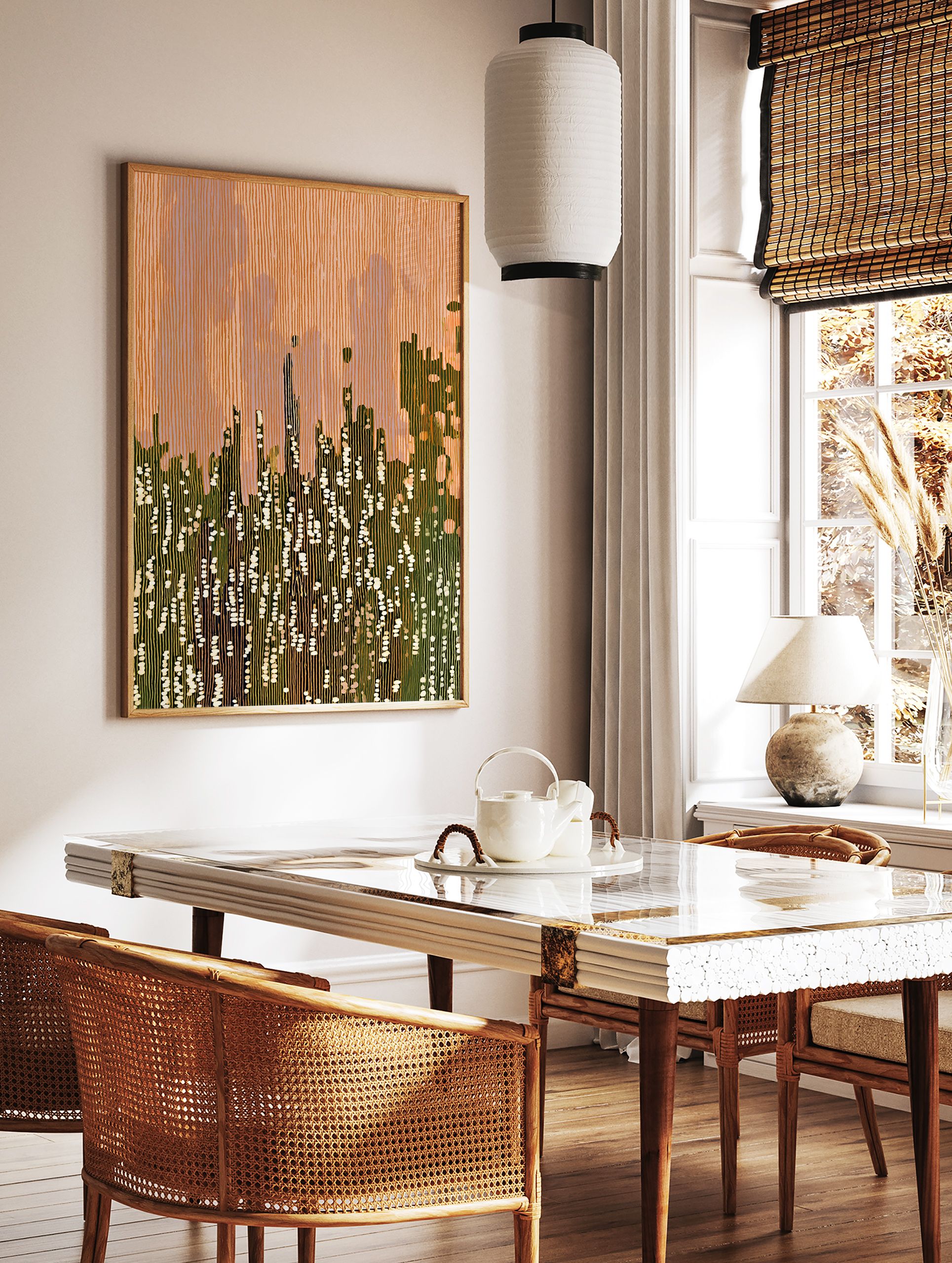 Abstract wall art with vertical orange and green lines, suggesting a modern cityscape or landscape with white dappled light. - Image 2