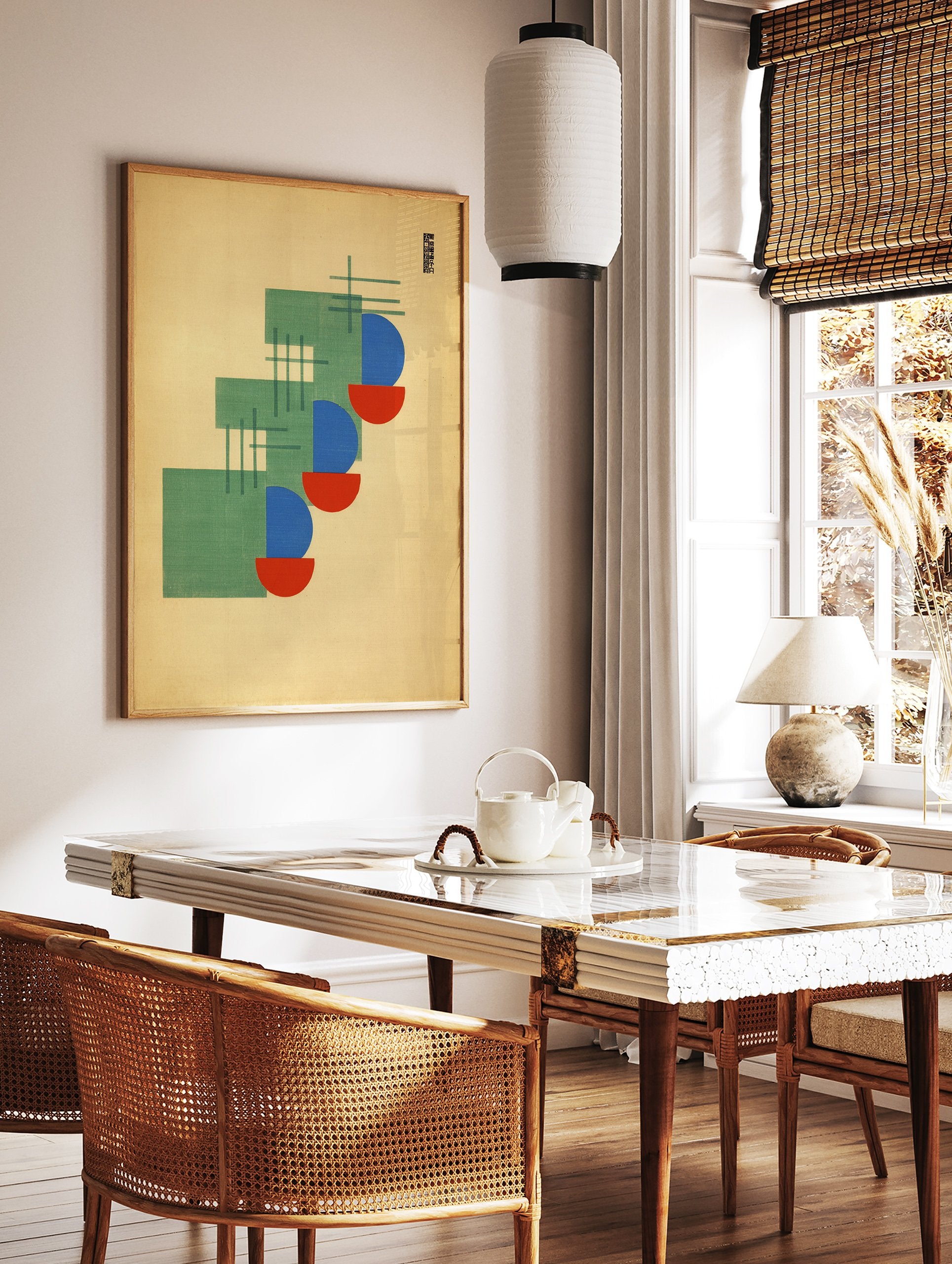 Abstract geometric wall art print with green rectangles, blue and red semi-circles, and intersecting lines on a light background. - Image 2