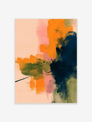 Abstract wall art with layered brushstrokes in orange, navy, olive green, and pink on a pale peach background