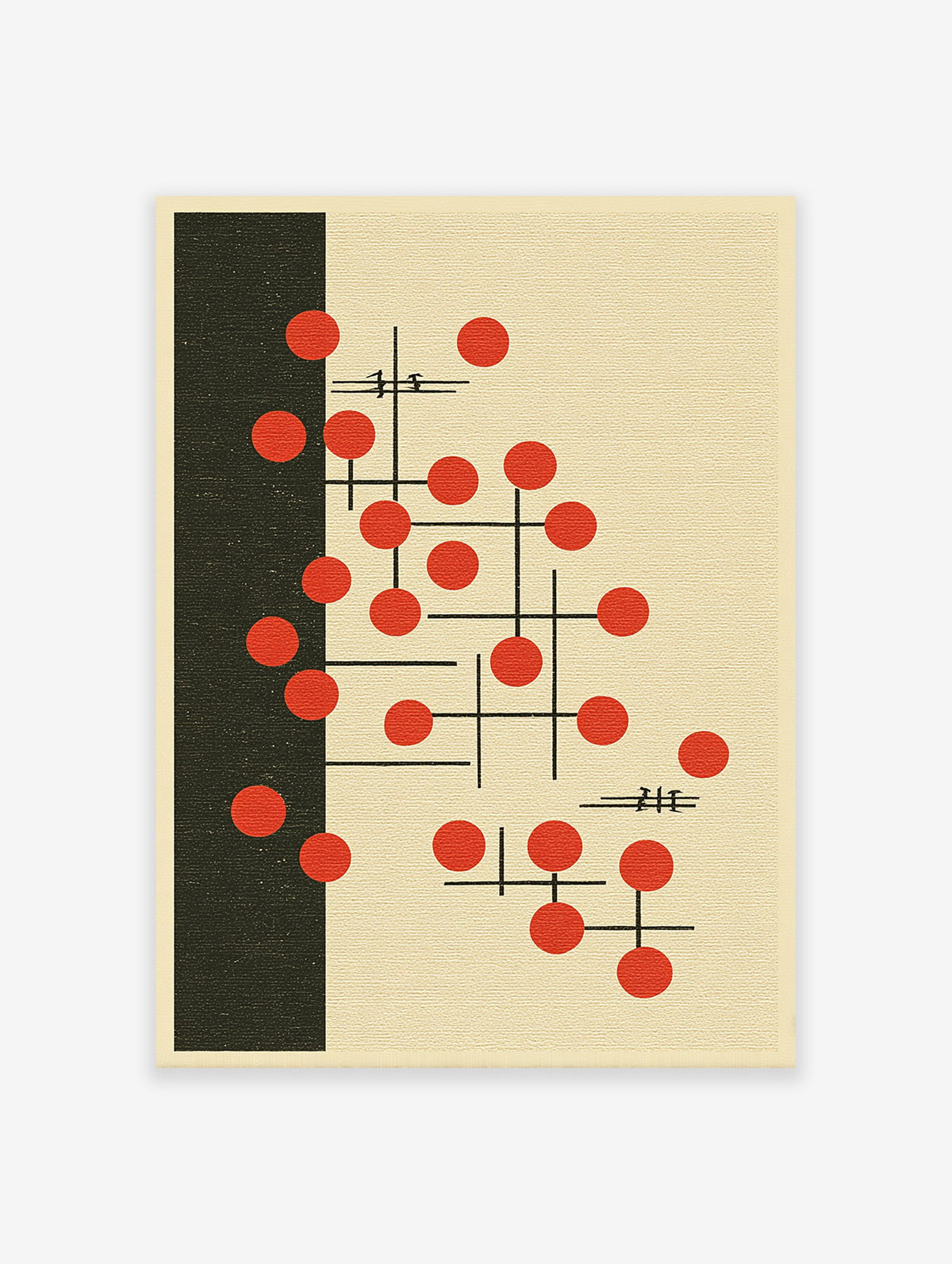 Abstract wall art with red circles and black lines on a beige background, with a solid black vertical bar on the left.