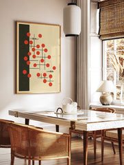 Abstract wall art with red circles and black lines on a beige background, with a solid black vertical bar on the left. - Image 2