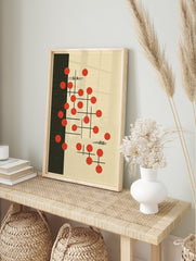 Abstract wall art with red circles and black lines on a beige background, with a solid black vertical bar on the left. - Image 3