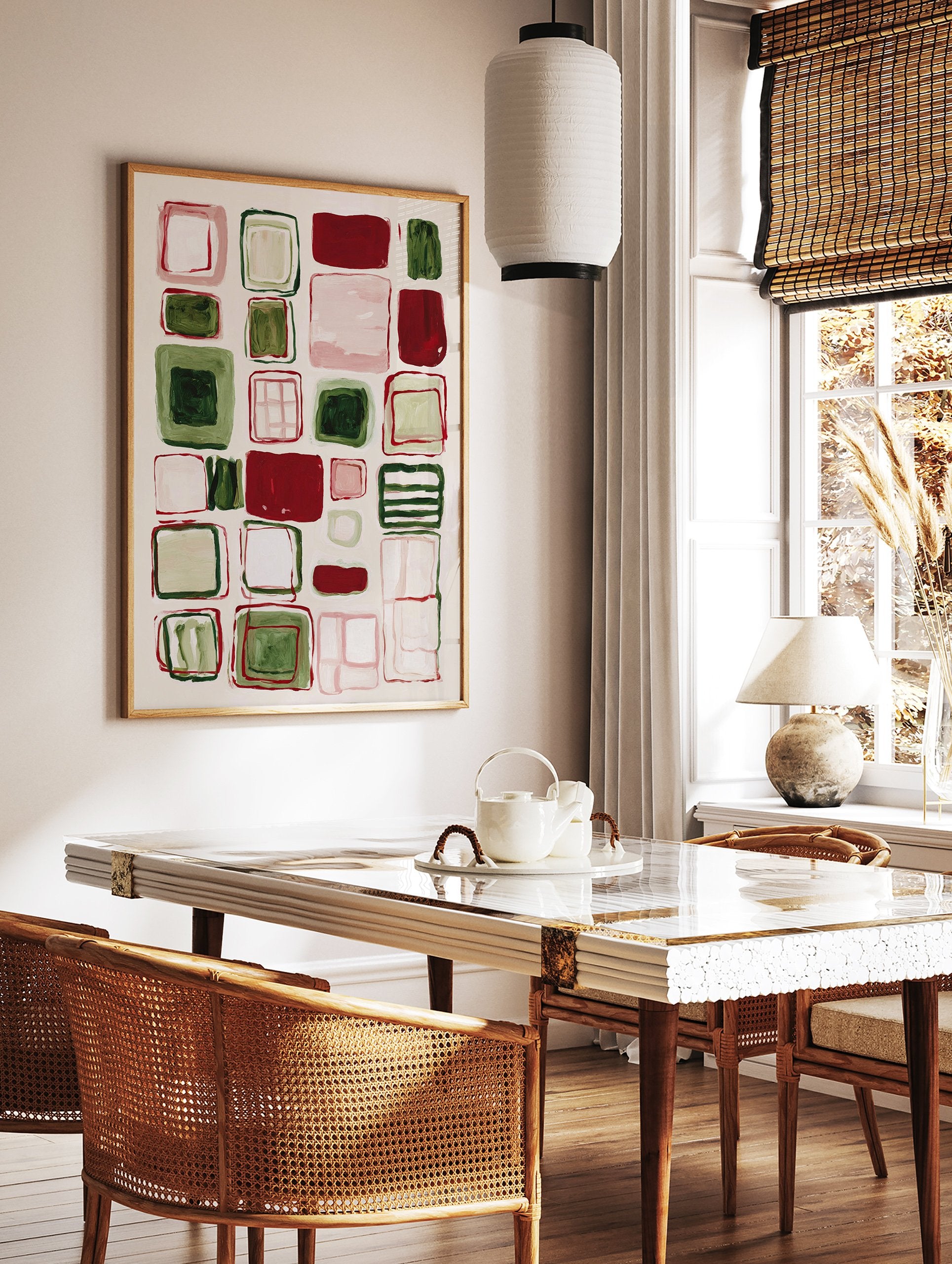 Abstract wall art painting with red, green, and pink geometric rounded squares and rectangles on a light background. - Image 2