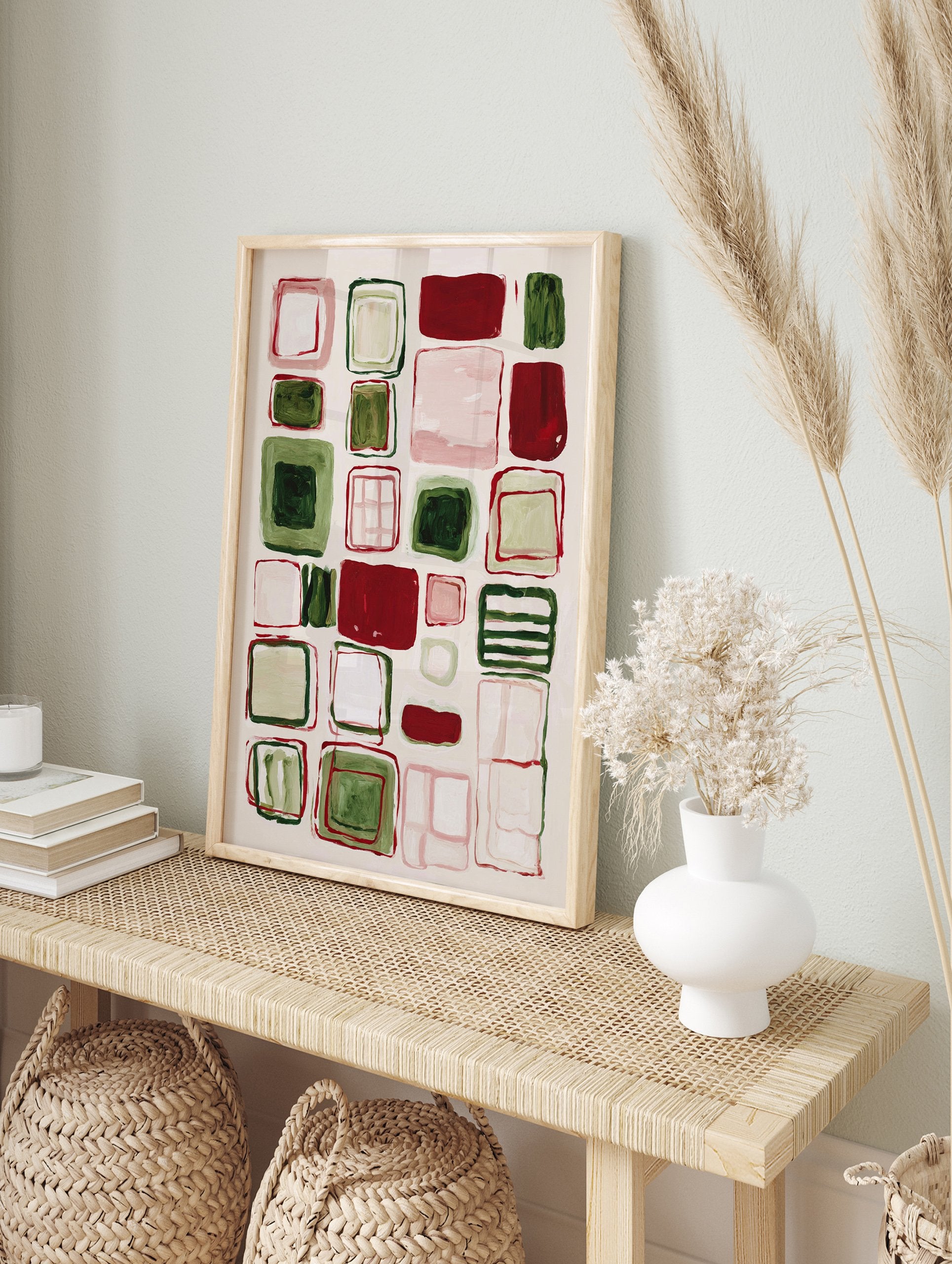 Abstract wall art painting with red, green, and pink geometric rounded squares and rectangles on a light background. - Image 3