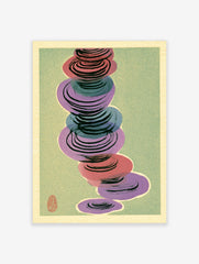 Abstract wall art with stacked red, purple, and blue circular shapes on a muted green background