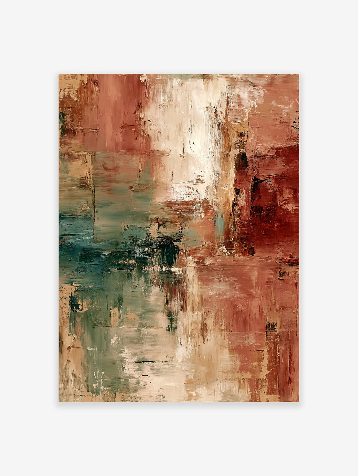 Abstract art print with textured terracotta, beige, and teal brushstrokes
