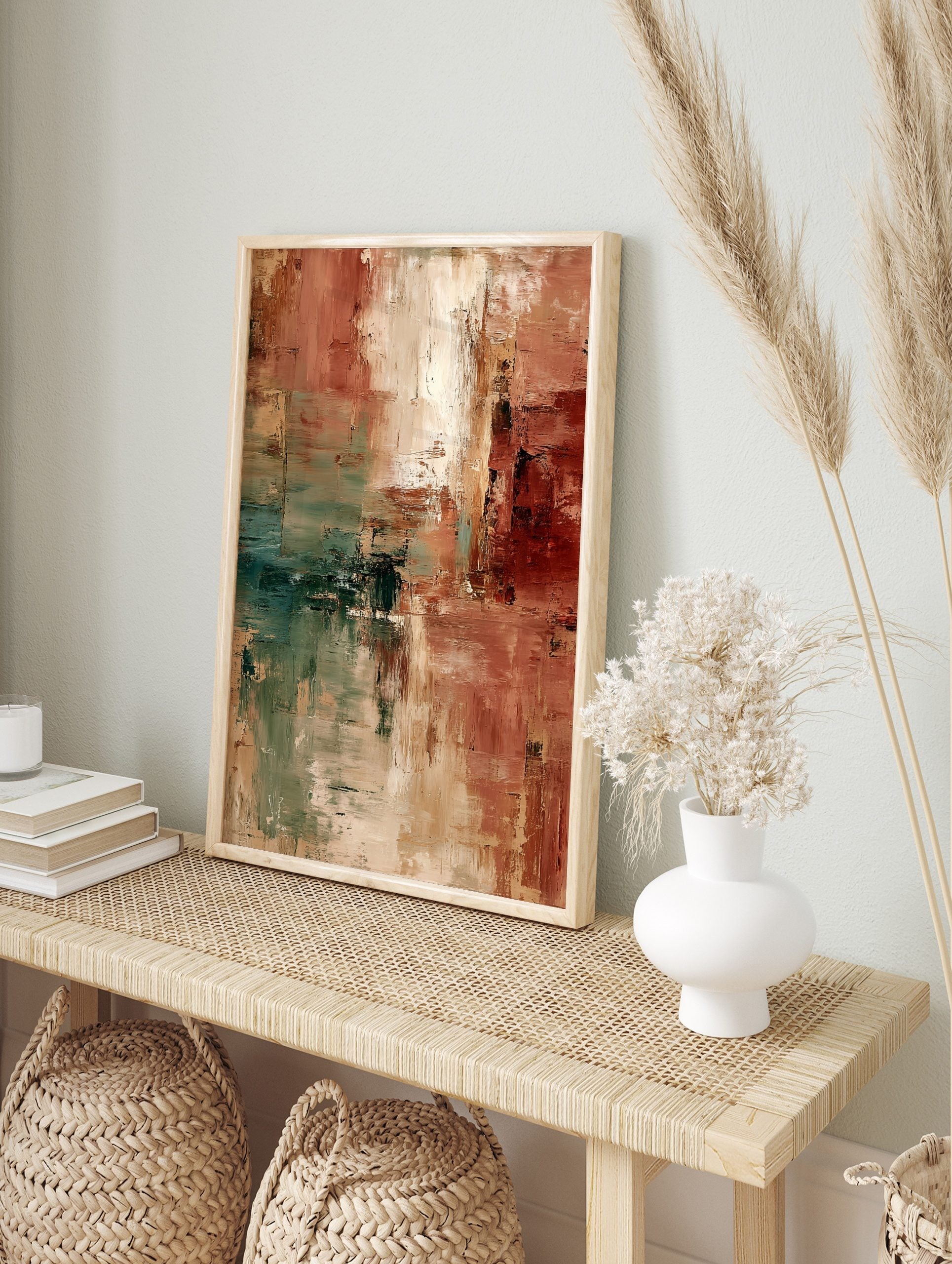 Abstract art print with textured terracotta, beige, and teal brushstrokes, in an alternate framed mockup