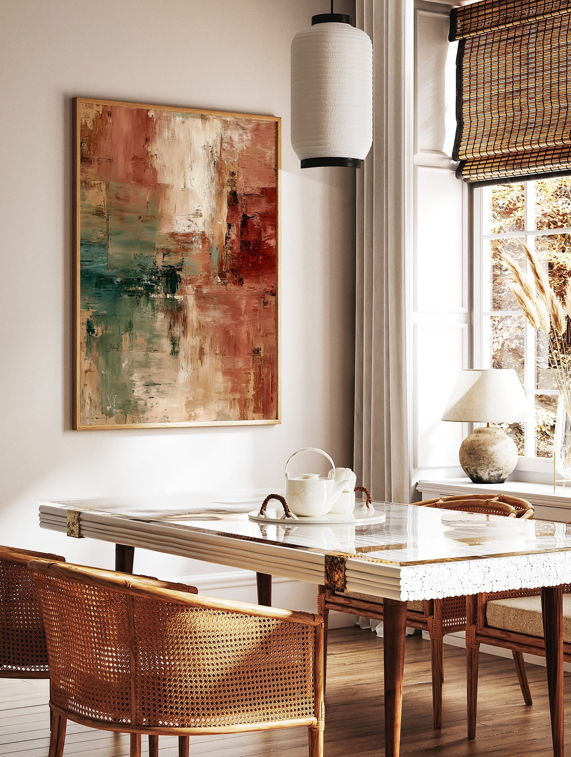 Abstract art print with textured terracotta, beige, and teal brushstrokes, in a styled room mockup