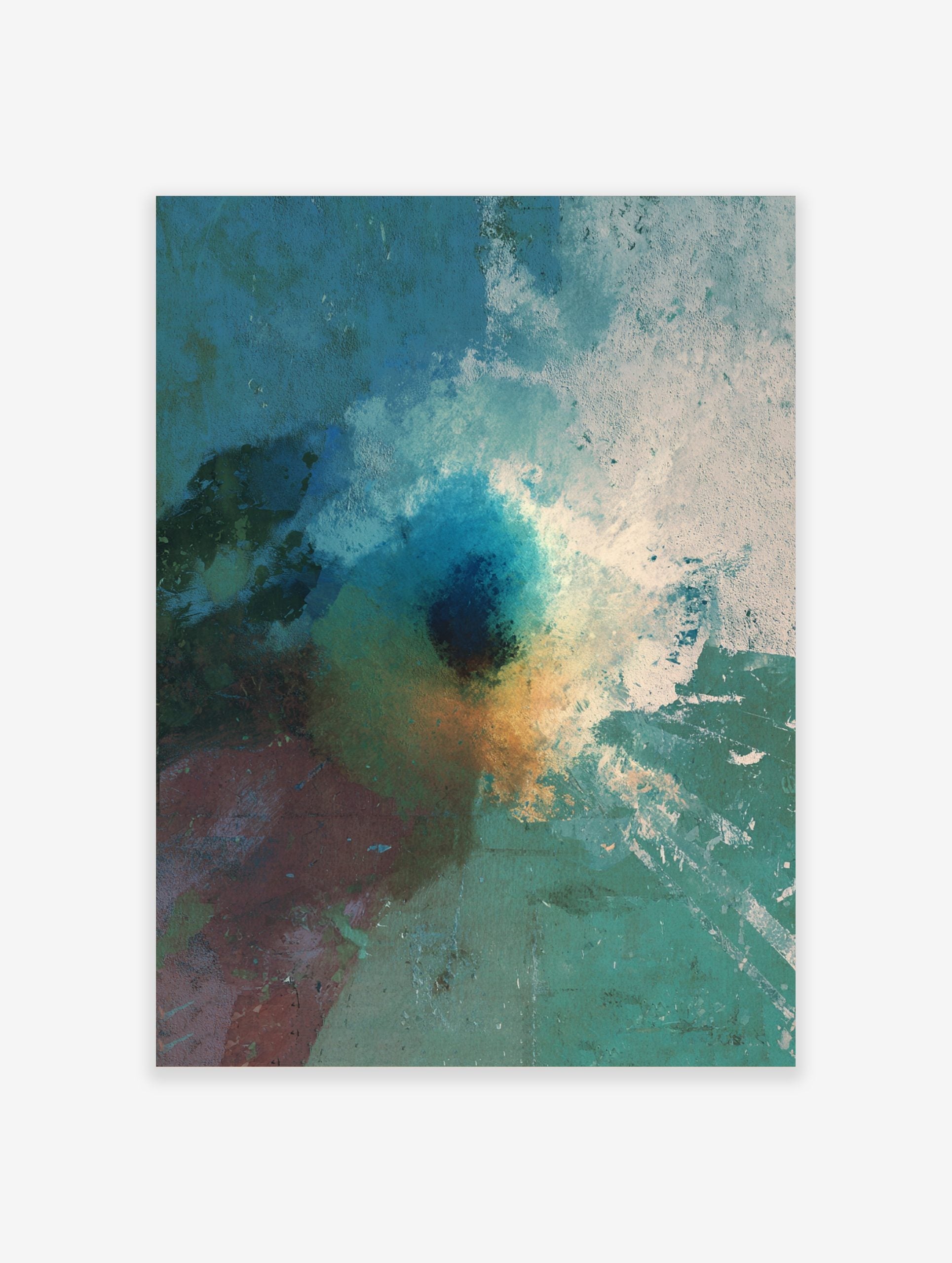 Abstract art print with textured deep blue, teal, orange, and white paint strokes and splashes