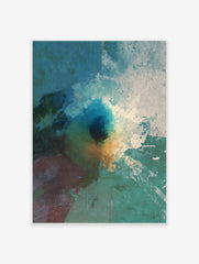 Abstract art print with textured deep blue, teal, orange, and white paint strokes and splashes