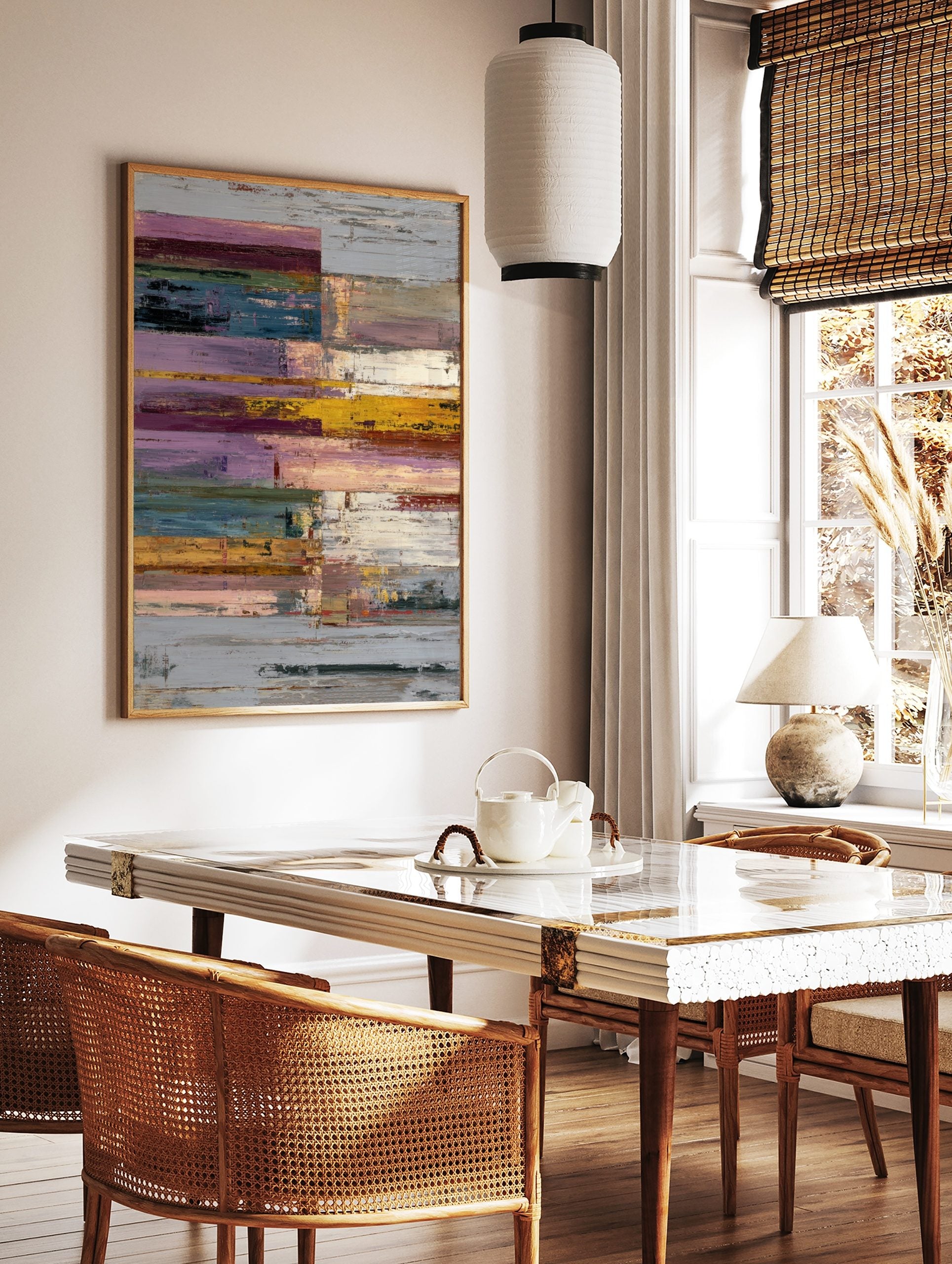 Abstract textured wall art print with horizontal blocks of purple, blue, yellow, and grey colours, in a styled room mockup