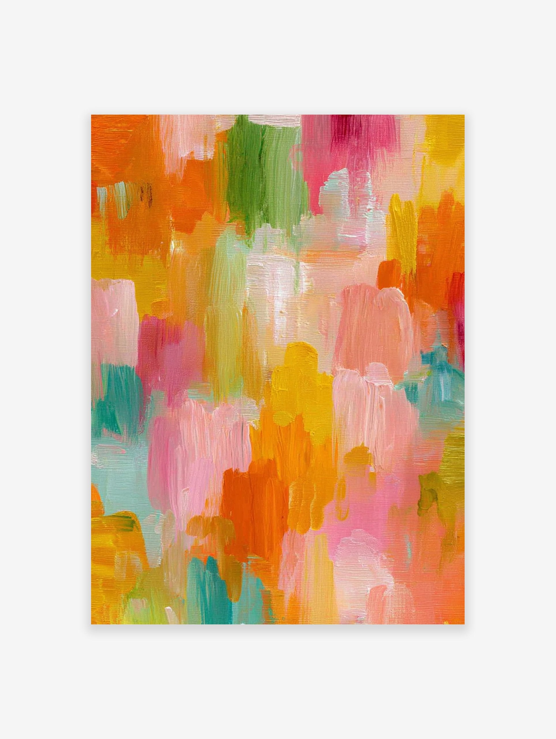 Vibrant abstract wall art with vertical multi-color brushstrokes in pink, orange, yellow, green, and blue hues.