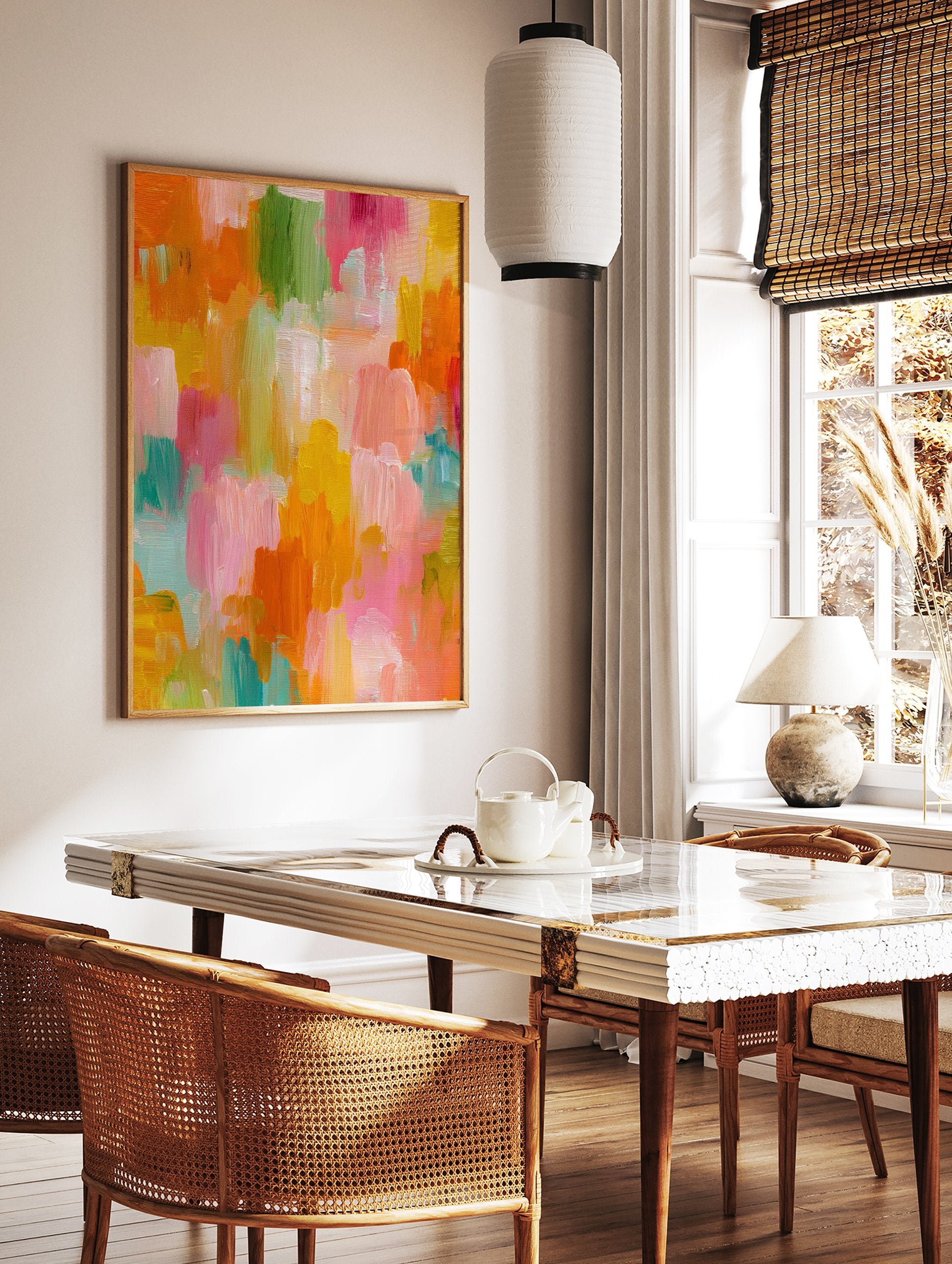 Vibrant abstract wall art with vertical multi-color brushstrokes in pink, orange, yellow, green, and blue hues. - Image 2