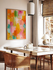 Vibrant abstract wall art with vertical multi-color brushstrokes in pink, orange, yellow, green, and blue hues. - Image 2
