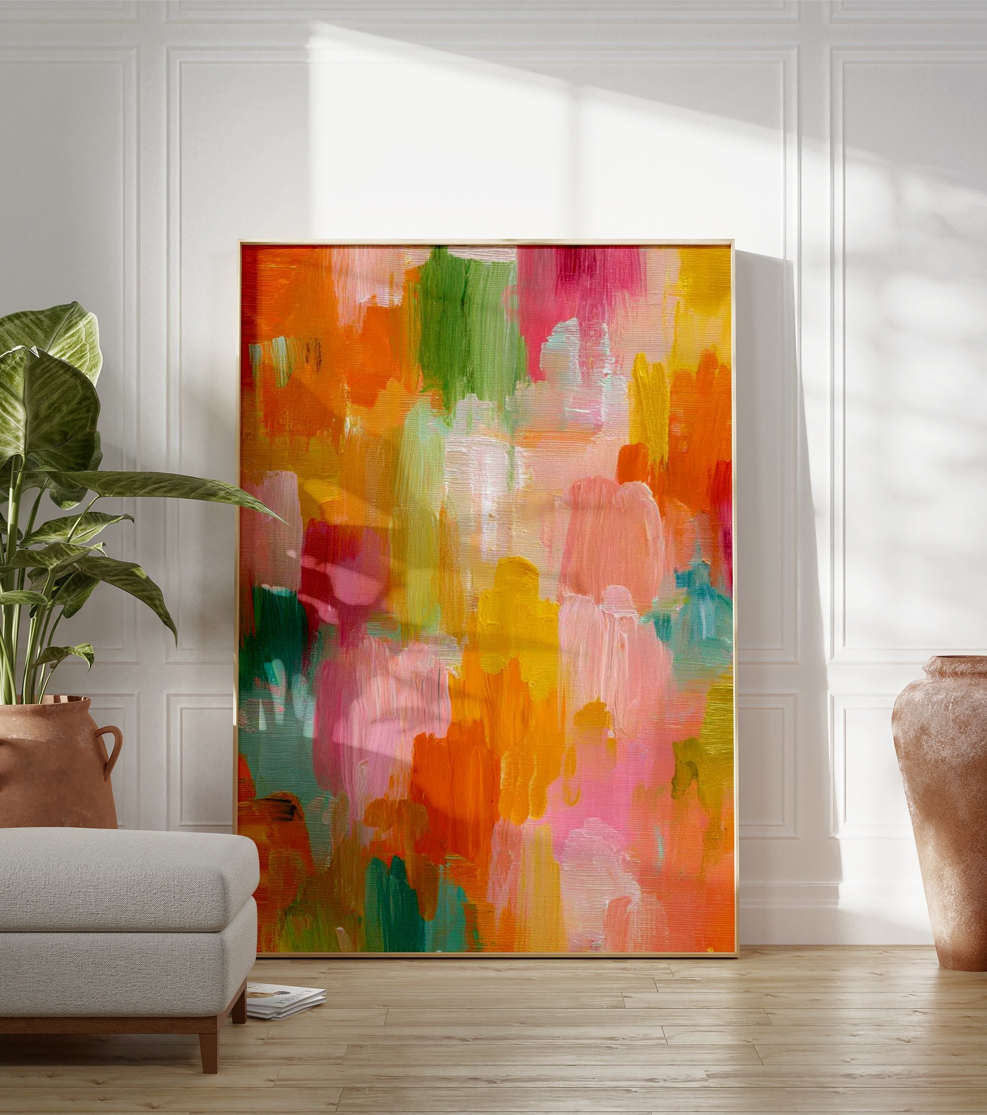 Vibrant abstract wall art with vertical multi-color brushstrokes in pink, orange, yellow, green, and blue hues. - Image 3