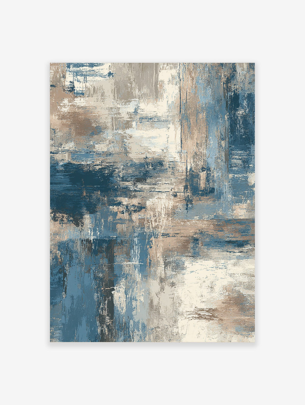 Abstract wall art print with blue, beige, and grey textured brushstrokes and layered, expressive composition