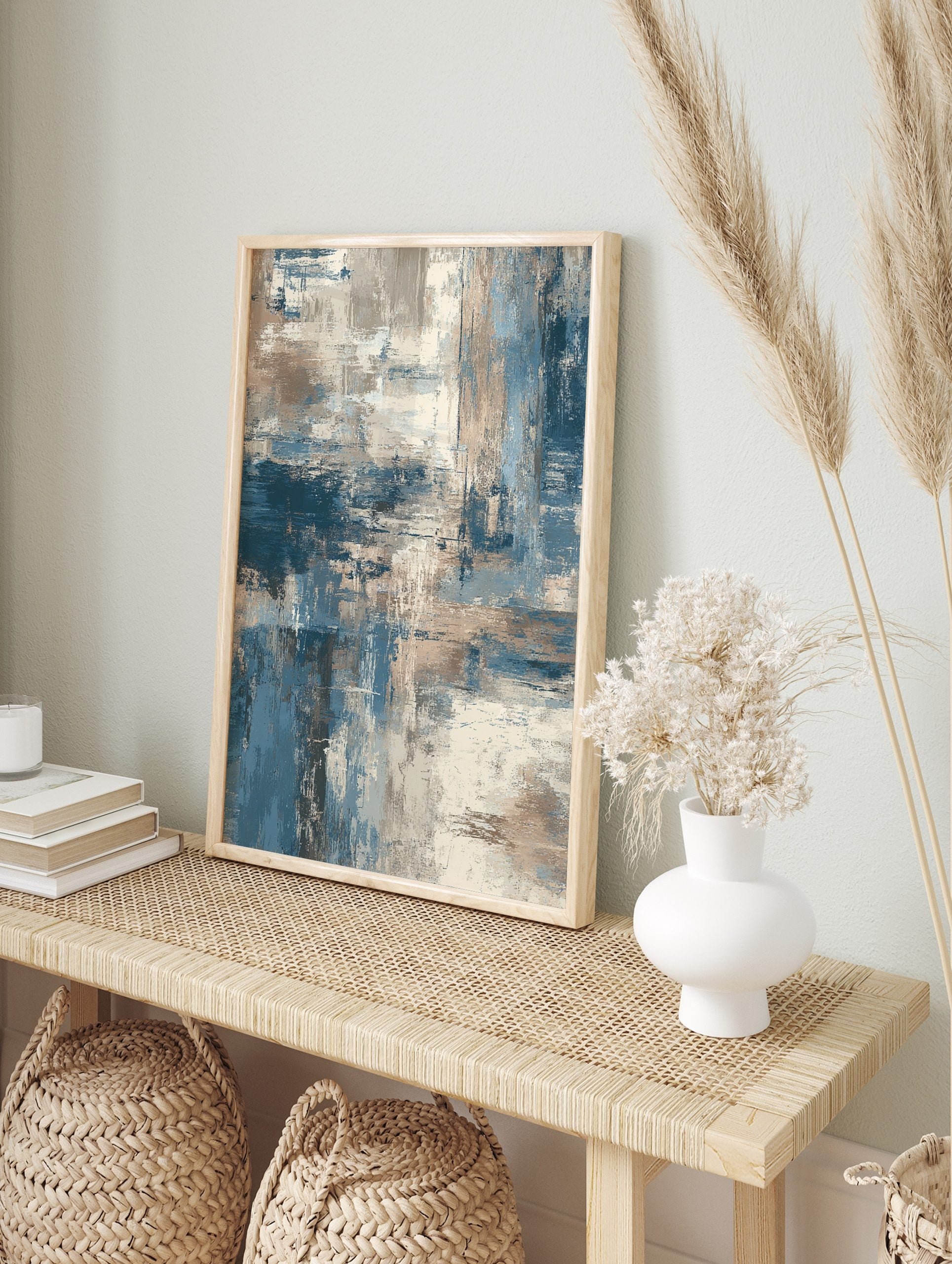 Abstract wall art print with blue, beige, and grey textured brushstrokes and layered, in an alternate framed mockup